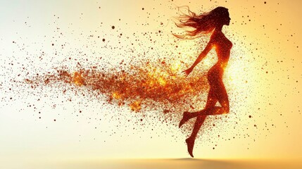 A silhouette of a woman disintegrating into particles, her form slowly fading away, creating a surreal and abstract visual of fragility and transformation in a beautiful and melancholic scene.