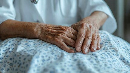 Fototapeta premium A female doctor offering comfort to a senior patient by holding their hand and offering emotional support, conveying compassion, care, and understanding in a hospital environment.