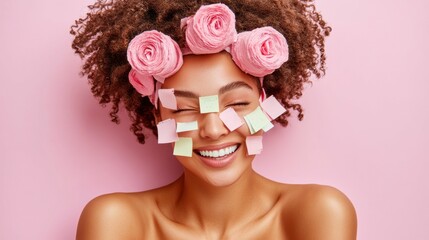 A tired woman with adhesive notes stuck all over her face, each note representing different tasks and reminders, capturing the chaos and mental exhaustion of modern life.