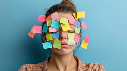 An exhausted woman with colorful adhesive notes all over her face, each note symbolizing a different task or worry, representing the mental strain and exhaustion from too many obligations.