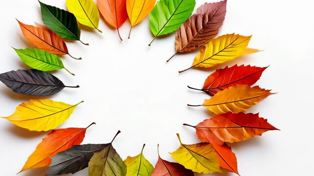 A vibrant collection of autumn leaves in various colors is beautifully arranged in a circular pattern against a clean white background. The scene evokes a fresh fall mood filled with nature's warmth.