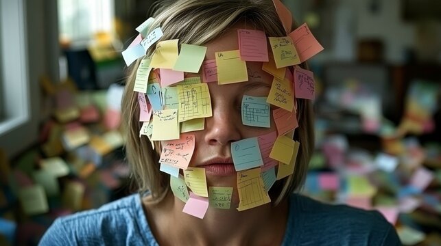 A woman with sticky notes all over her face, each note symbolizing a task or responsibility, depicting the mental exhaustion and overwhelm of modern-day life and the constant need to keep up.