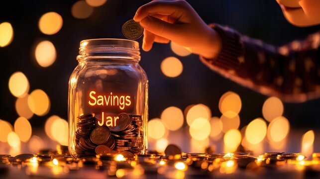 A boy placing coins into a "Savings Jar" with a determined look on his face