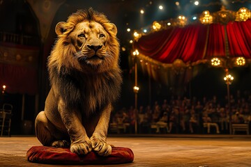 Majestic Lion Stage Performance Underneath Circus Lights
