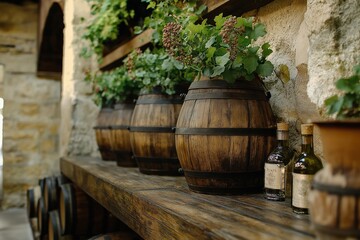 Charming wooden barrels adorned with greenery and grapes create a rustic, welcoming atmosphere.