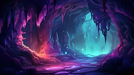 Luminous Cave Glowing With Purple And Cyan Formations