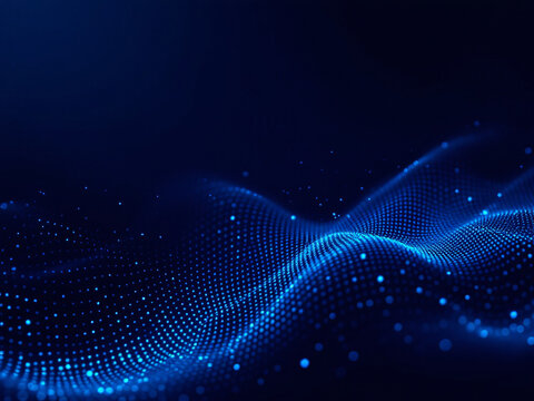 Abstract blue digital wave with glowing particles on a dark background.