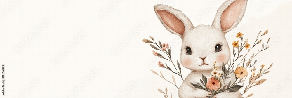 Poster Cuddly rabbit holding a bouquet of flowers with space for text and creative mock up ideas. Generative AI