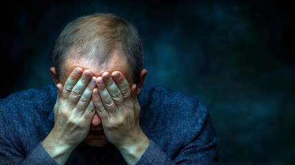 A man with his hands over his face, representing frustration, disappointment, or hopelessness, offering a relatable depiction of emotional struggles and mental health challenges.