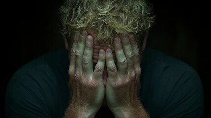 A man holding his face in his hands, an image representing sorrow, stress, or regret, showcasing a moment of emotional release and vulnerability in a powerful and thought-provoking way.