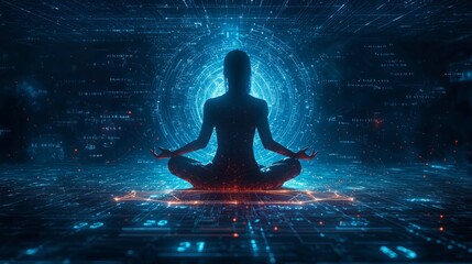 Obraz premium A meditative scene with a person sitting in a lotus position, surrounded by glowing numbers and sacred geometry patterns