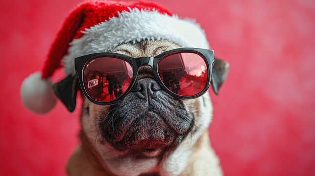 A pug wearing a Santa hat and oversized sunglasses, looking grumpy, isolated on a bright pink background, humorous, cartoon style