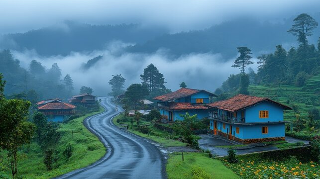 a cloudfall above the mountain village of haputale in sri lanka clouds are flowing over the pass unusual natural weather phenomenon of falling fog