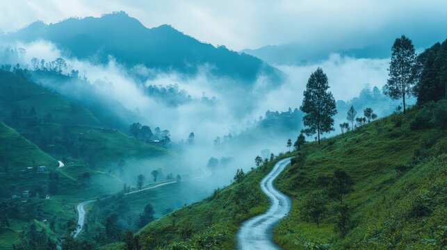 a cloudfall above the mountain village of haputale in sri lanka clouds are flowing over the pass unusual natural weather phenomenon of falling fog