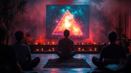 A seminar-style setup with a numerologist presenting numbers and energy charts on a glowing screen, surrounded by an attentive audience