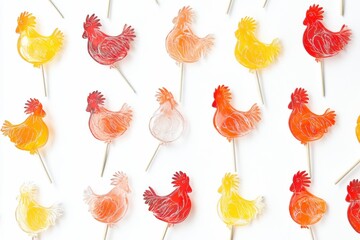 Obraz premium Colorful rooster shaped lollipops in various vibrant colors arranged on a white background. Generative AI