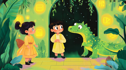 Magical children's book-style illustrations featuring friendly dragons and enchanted settings