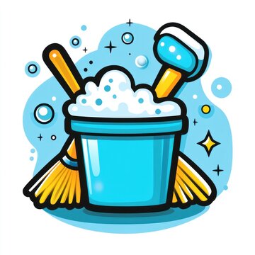 recommend clip art: Cleaning supplies; bucket, broom, scrub brush, soap suds.