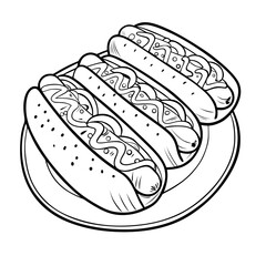 Hand-Drawn Illustration of Three Delicious Hot Dogs on a Plate.