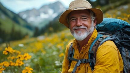 Joyful senior man hiking in a mountain meadow, sunny day, breathtaking view, happy