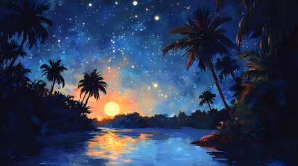 Tropical island paradise illuminated by starlit skies, featuring lush palm trees swaying gently in the warm breeze, creating an enchanting atmosphere for nighttime photography. Starlit. Illustration