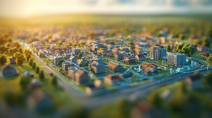 Obraz premium A conceptual visual of the property market, showcasing homes and commercial buildings intertwined with line charts, reflecting trends, price fluctuations, and investment opportunities.