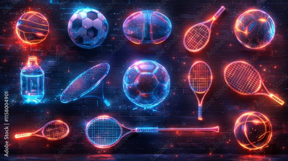 Wall mural Create a neon collection of sports equipment symbols, featuring glowing