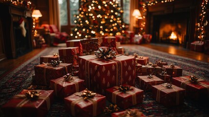 Pile of beautifully wrapped Christmas presents under a Christmas tree, warm lighting, cozy, festive atmosphere
