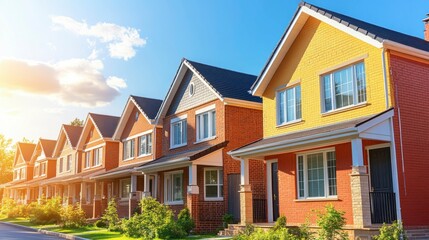 A vibrant representation of the property market, with houses and skyscrapers arranged next to financial icons and upward-pointing graphs, symbolizing the dynamic growth of real estate.