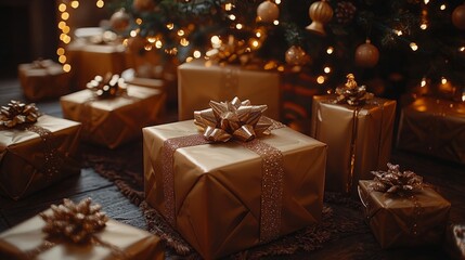 Pile of beautifully wrapped Christmas presents under a Christmas tree, warm lighting, cozy, festive atmosphere