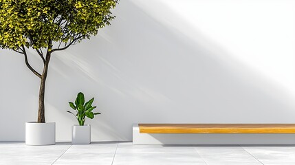 Obraz premium Modern Minimalist Interior with Tree and Plants in Bright Space
