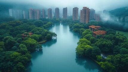 Fototapeta premium aerial view of landscape after rain in shenzhen city china