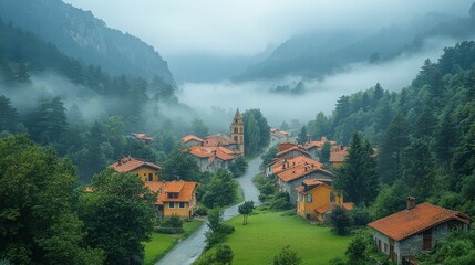 aerial view of misty village surrounded by mountains and forest infiesto asturia spain