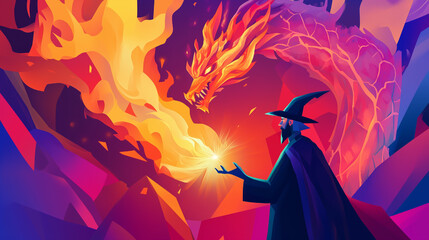 Dynamic flat-style illustrations of a wizard summoning a fiery dragon in a magical fantasy world