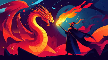 Dynamic flat-style illustrations of a wizard summoning a fiery dragon in a magical fantasy world