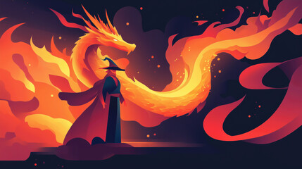 Dynamic flat-style illustrations of a wizard summoning a fiery dragon in a magical fantasy world