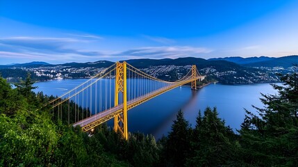 Obraz premium Scenic View of Golden Bridge Surrounded by Mountains and Water