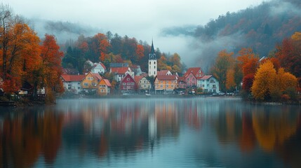 Fototapeta premium autumn fog over the river water and colorful roofs of small town houses in the distance
