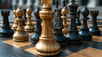 Fototapeta premium A dynamic artwork illustrating a chessboard with strategy symbols, symbolizing the art of decision-making and planning in business and life.
