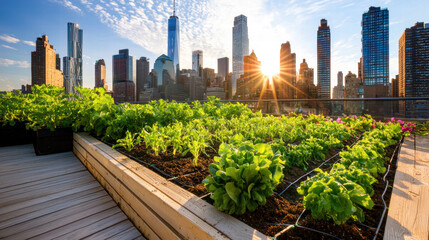 Fototapeta premium Urban rooftop farm with city skyline at sunset, showcasing greenery and urban life