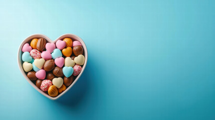 Heart shaped box filled with colorful cho tes on blue background