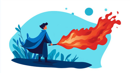 Minimalist flat-style illustrations of a wizard controlling fire and water in a fantasy setting