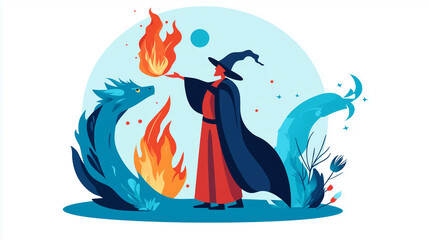 Minimalist flat-style illustrations of a wizard controlling fire and water in a fantasy setting
