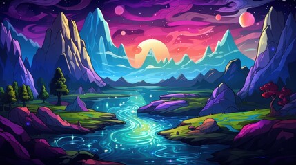 Vibrant Fantasy Landscape With River And Mountains