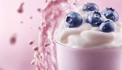 Blueberry Milkshake Mockup with Milk Splashing Around Fresh Berries on Soft Pink Background