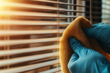 Hands wearing blue gloves wipe down wooden blinds with a yellow cloth, bathed in a warm golden light, emphasizing cleanliness and a peaceful atmosphere.