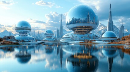 Obraz premium A 3D CGI rendering of skyscrapers in a sprawling metropolis, with unique designs and reflective surfaces, illustrating the future of urban architecture.