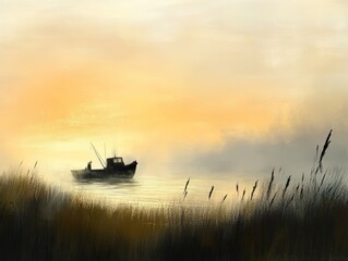 A small fishing boat goes out to fish in the morning mist. - ai