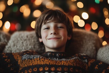 A cheerful boy wearing a cozy sweater smiles warmly, sitting comfortably on a couch. Soft, colorful bokeh lights from a Christmas tree create a festive atmosphere in the background. 