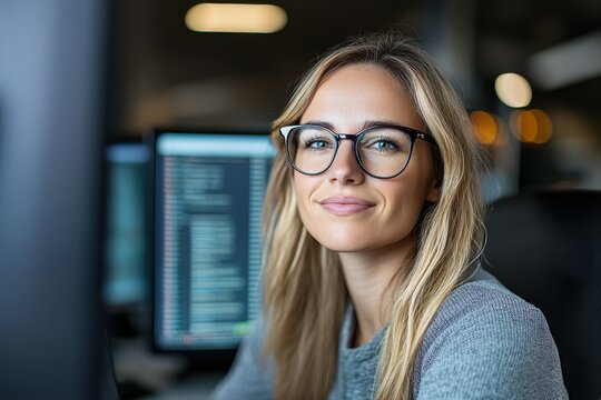 A female coder with blonde hair and glasses smiles confidently in a stylish tech office, surrounded by screens displaying code, reflecting success and dedication.